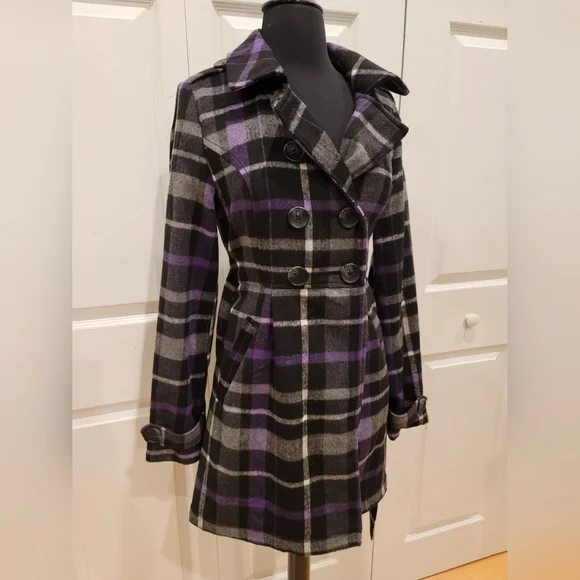 Arizona purple plaid double breasted black button up belted jacket coat S - Picture 7 of 9